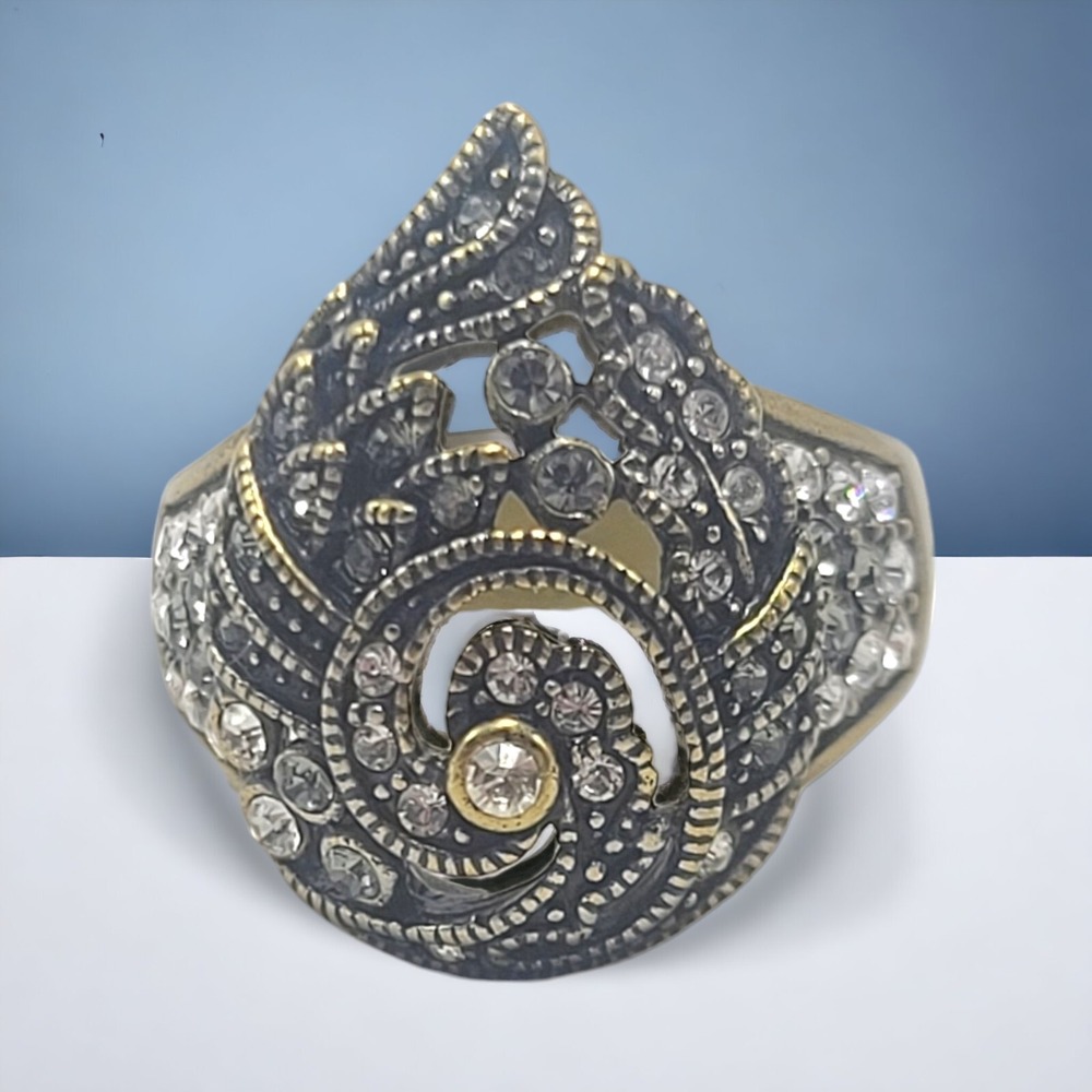 Heidi Daus Peacock Flair Swarovski Crystal Scroll Cocktail Ring Size 11.5 Rare